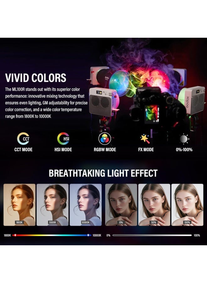جودوكس مصباح الفيديو Godox ML100R RGB COB LED المحمول (مع حقيبة حمل) - بقوة 110 واط، ألوان كاملة، نطاق درجة حرارة لونية 1800K-10000K، مؤشرات دقة ألوان عالية (CRI 97+ / TLCI 98+)، يدعم 14 تأثيراً ضوئياً (FX) والتحكم عبر التطبيق - مناسب للاستوديوهات والبث المباشر والتصوير الخارجي. - Image 2