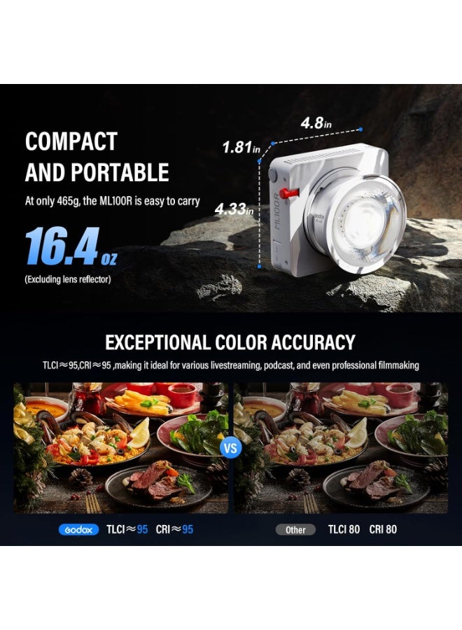 جودوكس مصباح الفيديو Godox ML100R RGB COB LED المحمول (مع حقيبة حمل) - بقوة 110 واط، ألوان كاملة، نطاق درجة حرارة لونية 1800K-10000K، مؤشرات دقة ألوان عالية (CRI 97+ / TLCI 98+)، يدعم 14 تأثيراً ضوئياً (FX) والتحكم عبر التطبيق - مناسب للاستوديوهات والبث المباشر والتصوير الخارجي. - Image 5