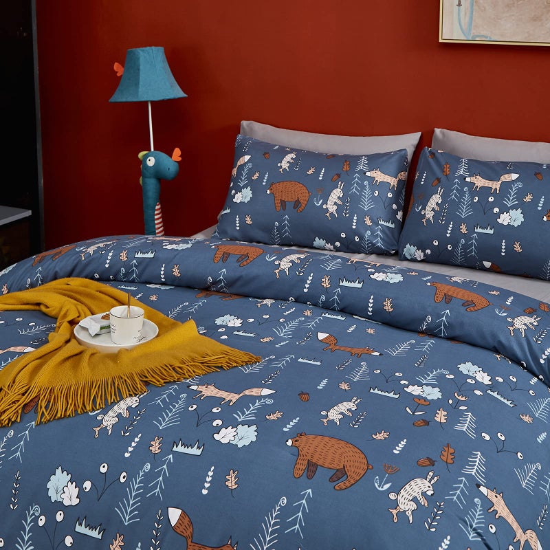 CLOTHKNOW Kids Comforter Sets Queen Blue Bear Bedding Comforter Sets Cartoon Blue Bedding Queen Comforter Forest Fox Rabbit Comforter Soft Bedding 3Pcs Blue Bed Comforter - Image 3