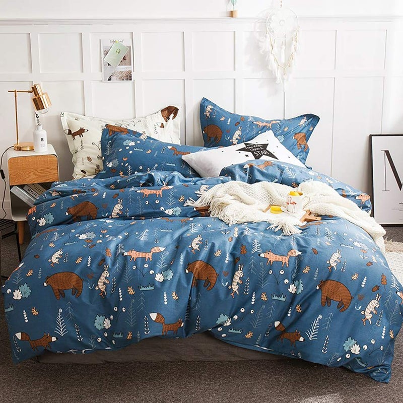CLOTHKNOW Kids Comforter Sets Queen Blue Bear Bedding Comforter Sets Cartoon Blue Bedding Queen Comforter Forest Fox Rabbit Comforter Soft Bedding 3Pcs Blue Bed Comforter - Image 1