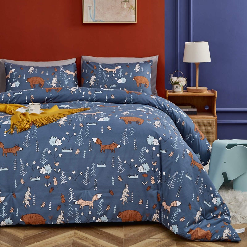 CLOTHKNOW Kids Comforter Sets Queen Blue Bear Bedding Comforter Sets Cartoon Blue Bedding Queen Comforter Forest Fox Rabbit Comforter Soft Bedding 3Pcs Blue Bed Comforter - Image 5