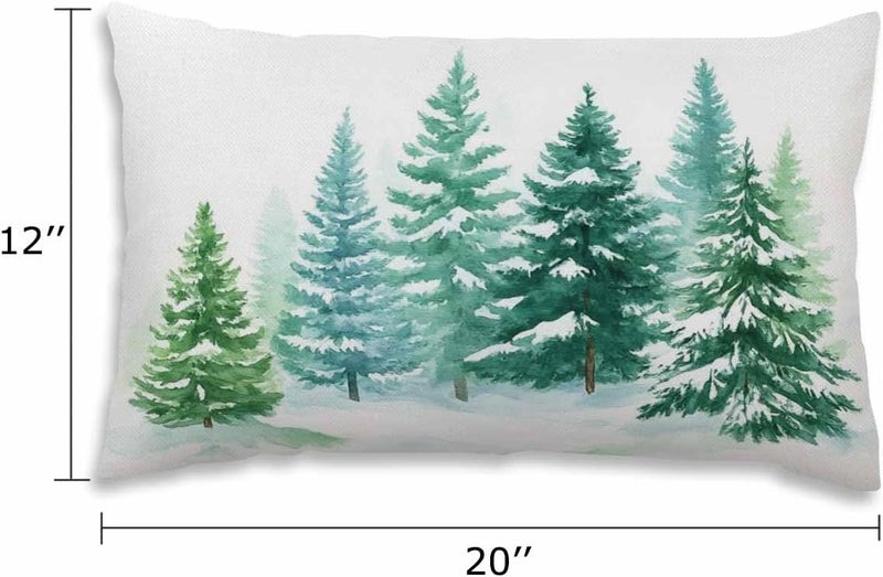 EKOBLA Watercolor Painting Decorative Pillow Case Throw Pillow Covers Coniferous Trees Forest Winter Snow Landscape Green Waist Lumbar Cotton Linen Throw Pillow Cases Cushion Cover Rectangular 12x20 - Image 2