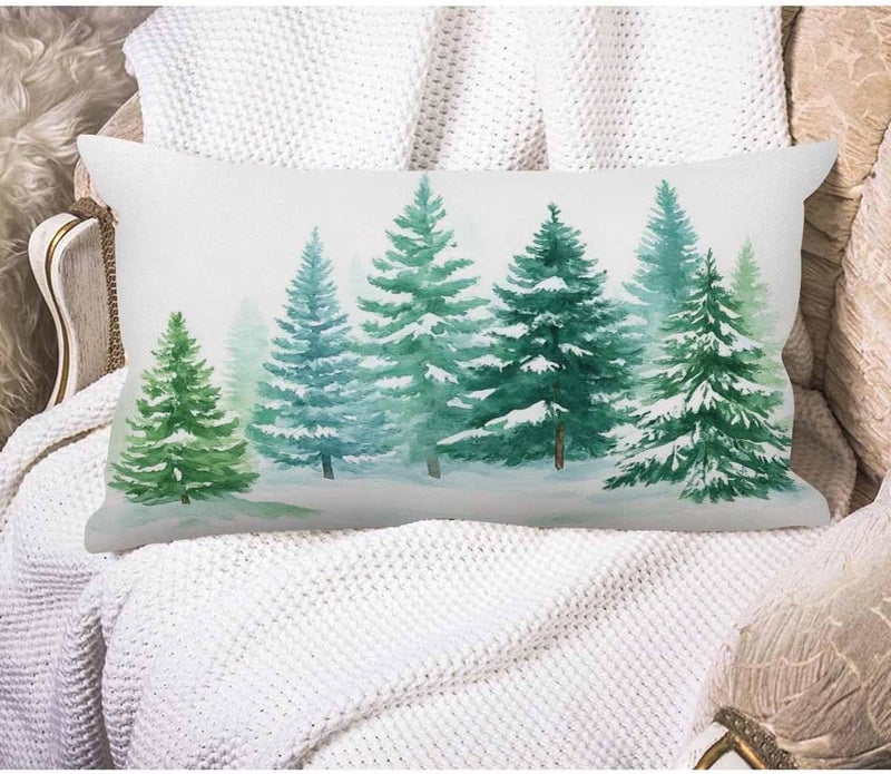 EKOBLA Watercolor Painting Decorative Pillow Case Throw Pillow Covers Coniferous Trees Forest Winter Snow Landscape Green Waist Lumbar Cotton Linen Throw Pillow Cases Cushion Cover Rectangular 12x20 - Image 1