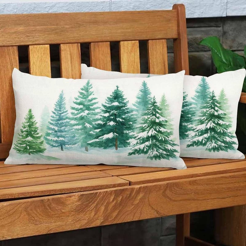 EKOBLA Watercolor Painting Decorative Pillow Case Throw Pillow Covers Coniferous Trees Forest Winter Snow Landscape Green Waist Lumbar Cotton Linen Throw Pillow Cases Cushion Cover Rectangular 12x20 - Image 4