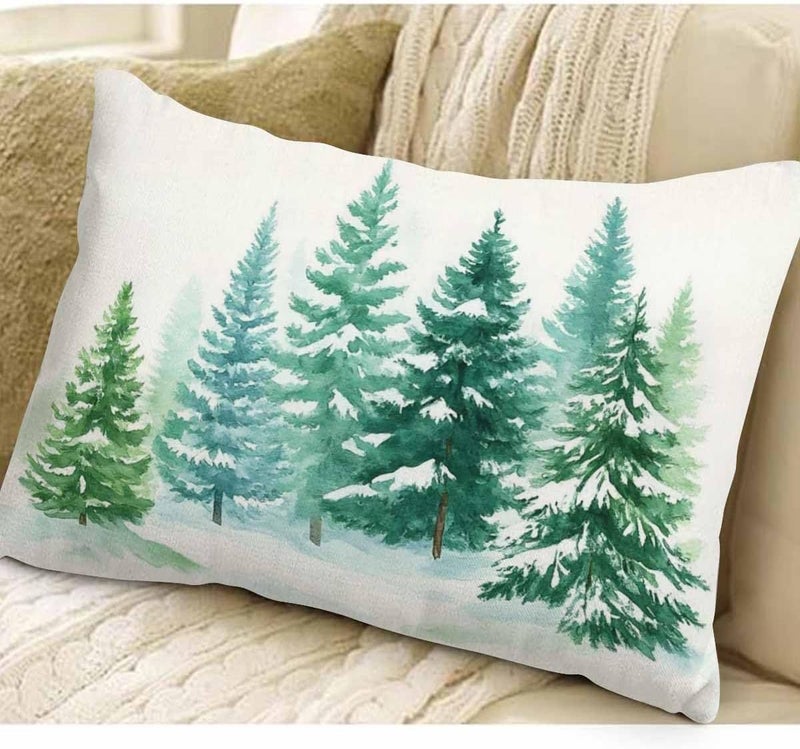 EKOBLA Watercolor Painting Decorative Pillow Case Throw Pillow Covers Coniferous Trees Forest Winter Snow Landscape Green Waist Lumbar Cotton Linen Throw Pillow Cases Cushion Cover Rectangular 12x20 - Image 3