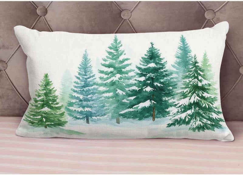 EKOBLA Watercolor Painting Decorative Pillow Case Throw Pillow Covers Coniferous Trees Forest Winter Snow Landscape Green Waist Lumbar Cotton Linen Throw Pillow Cases Cushion Cover Rectangular 12x20 - Image 5
