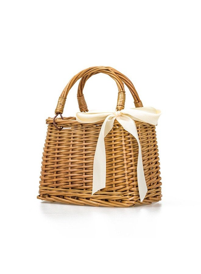 QTMY Bow Rattan Woven Bag Straw Bags Top Handle Handbags Bohemia Style Beach Bag,Beige - Image 1