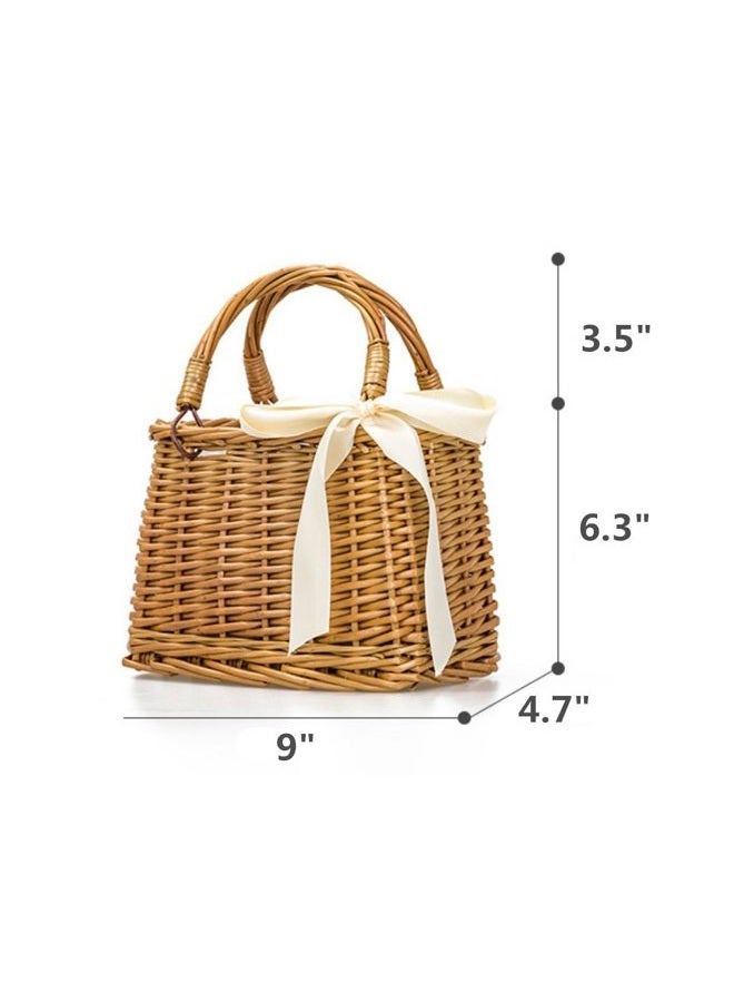QTMY Bow Rattan Woven Bag Straw Bags Top Handle Handbags Bohemia Style Beach Bag,Beige - Image 2