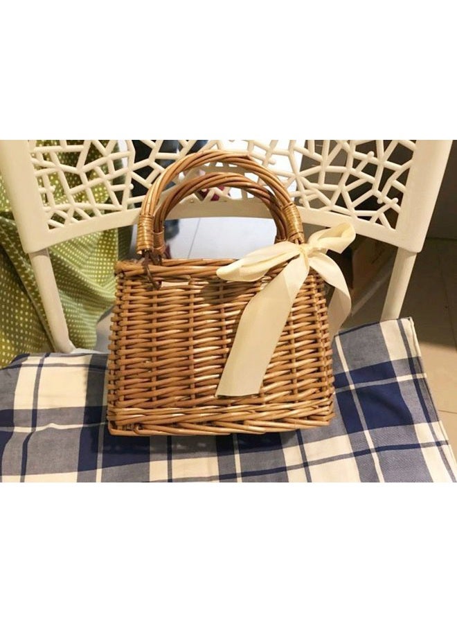 QTMY Bow Rattan Woven Bag Straw Bags Top Handle Handbags Bohemia Style Beach Bag,Beige - Image 3