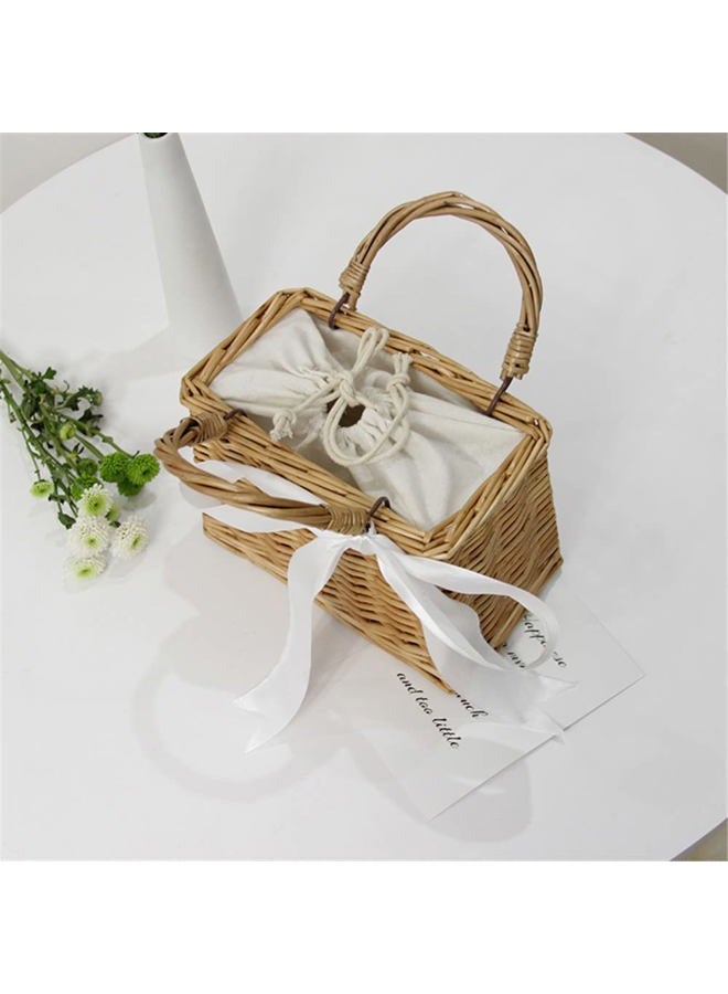 QTMY Bow Rattan Woven Bag Straw Bags Top Handle Handbags Bohemia Style Beach Bag,Beige - Image 5