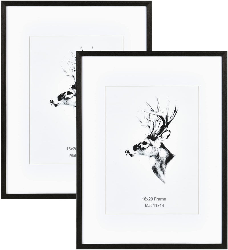 Yaetm Black Wood 16x20 Picture Frame Matted to 11x14 Set of 2, Solid Wood Black Poster Frame 16 by 20 inches, Wall Gallery Frames for Wall Mounted (2 pack, Black) - Image 1