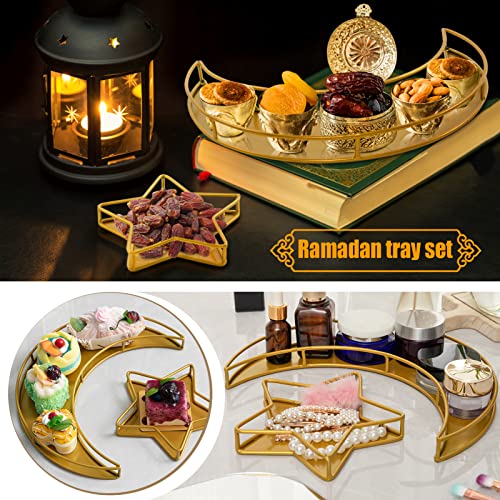 ANPHSIN 2 PCS Ramadan Serving Trays - Moon Star Shaped Eid Mubarak Dishes, Islam Muslim Al-Fitr Iftar Party Crescent Iron Platters Table Decor, Food Pastry Dessert Display Holder (Moon Star Pattern) - Image 5
