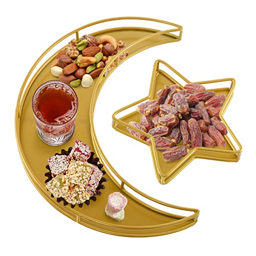 ANPHSIN 2 PCS Ramadan Serving Trays - Moon Star Shaped Eid Mubarak Dishes, Islam Muslim Al-Fitr Iftar Party Crescent Iron Platters Table Decor, Food Pastry Dessert Display Holder (Moon Star Pattern) - Image 1