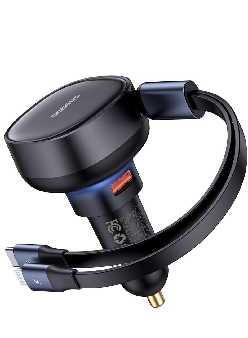بيسوس شاحن سيارة USB C، شاحن سيارة قابل للسحب بقدرة 60 وات، شاحن سيارة سريع 3 في 1، متوافق مع iPhone 15/14/13/12 Pro Max، Plus، Samsung Galaxy S23/S22/S21 Ultra، Google Pixel والمزيد (منفذ USB-A) ) - Image 1