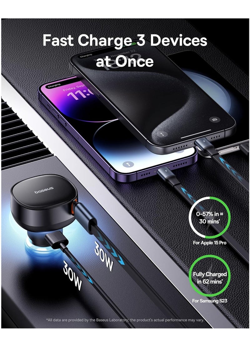 بيسوس شاحن سيارة USB C، شاحن سيارة قابل للسحب بقدرة 60 وات، شاحن سيارة سريع 3 في 1، متوافق مع iPhone 15/14/13/12 Pro Max، Plus، Samsung Galaxy S23/S22/S21 Ultra، Google Pixel والمزيد (منفذ USB-A) ) - Image 3