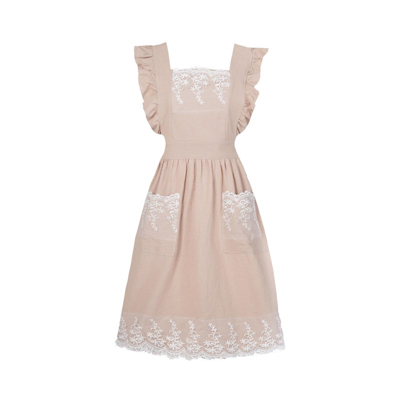 Aoomzoon Vintage Aprons for Woman with Pockets Cute Lace Ruffle Adjustable Apron for Cooking Kitchen Baking Gardening (Beige) - Image 1