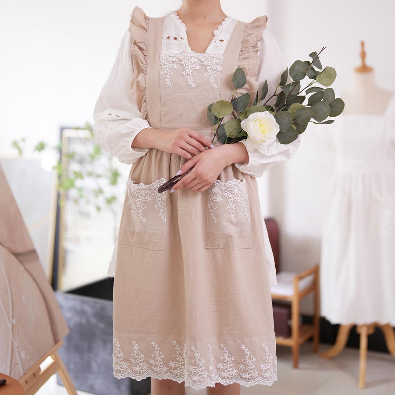 Aoomzoon Vintage Aprons for Woman with Pockets Cute Lace Ruffle Adjustable Apron for Cooking Kitchen Baking Gardening (Beige) - Image 4