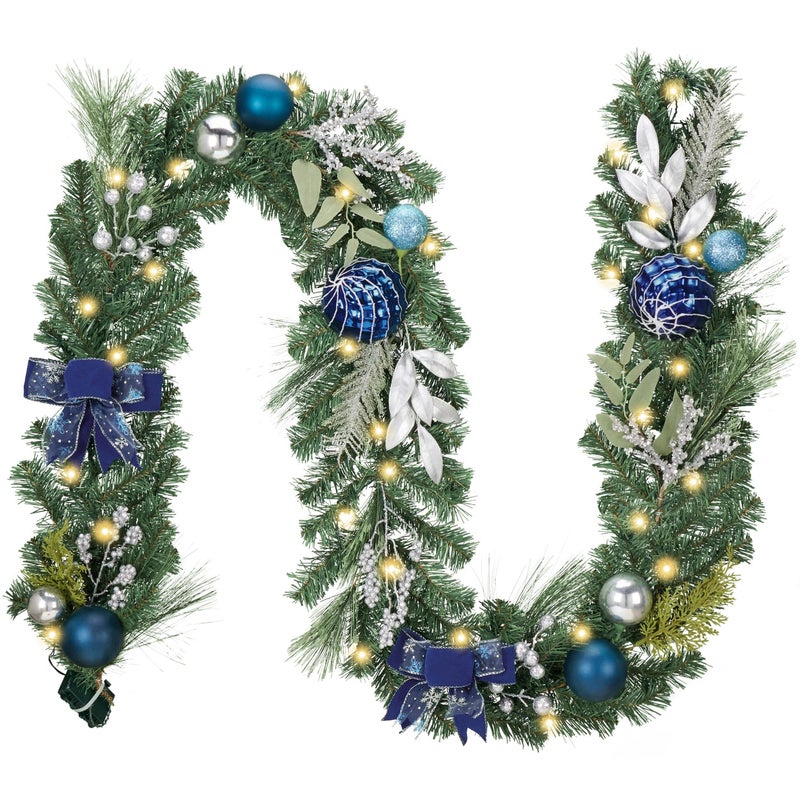 Valery Madelyn 9 Feet PreLit Christmas Garland with Lights for Mantle Lighted Outdoor Xmas Garland with Silvery Blue Ball Bows for Home Stairs Fireplace Table Centerpiece Indoor Holiday Decor - Image 2