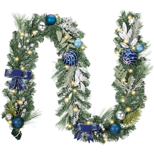 Valery Madelyn 9 Feet PreLit Christmas Garland with Lights for Mantle Lighted Outdoor Xmas Garland with Silvery Blue Ball Bows for Home Stairs Fireplace Table Centerpiece Indoor Holiday Decor - Image 1
