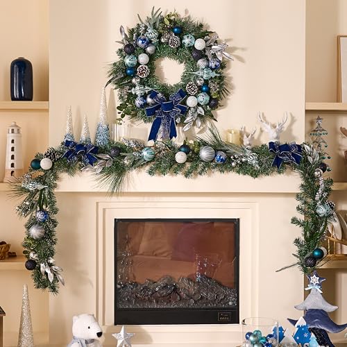 Valery Madelyn 9 Feet PreLit Christmas Garland with Lights for Mantle Lighted Outdoor Xmas Garland with Silvery Blue Ball Bows for Home Stairs Fireplace Table Centerpiece Indoor Holiday Decor - Image 3