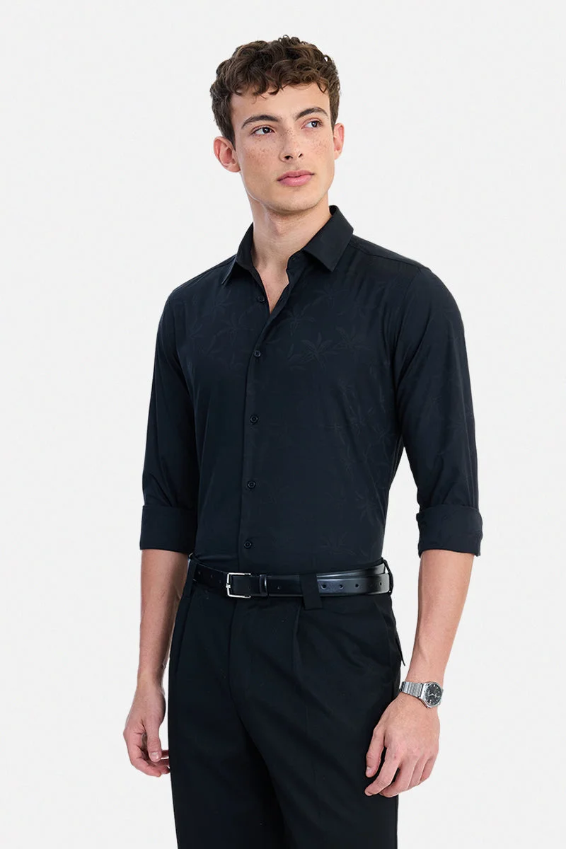 SNITCH Black Textured Long Sleeve Slim Fit Formal Luxe Shirt
