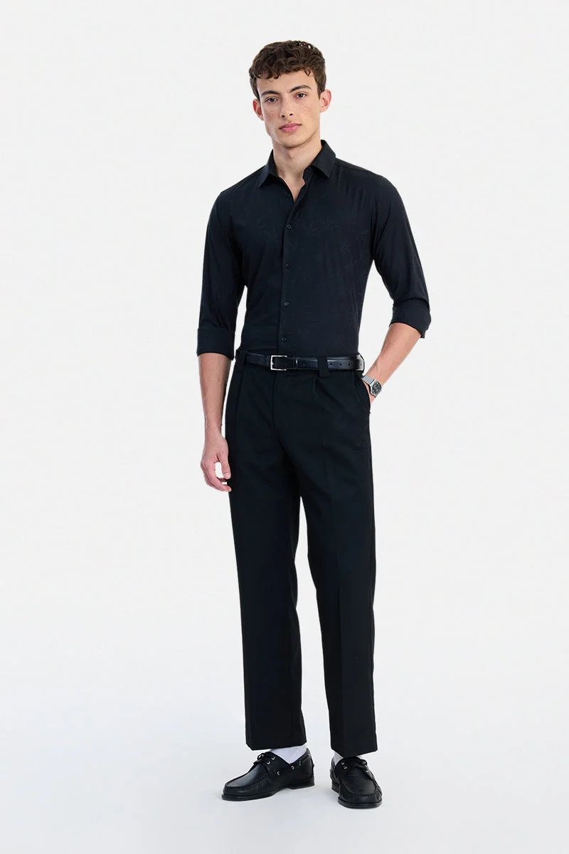 SNITCH Black Textured Long Sleeve Slim Fit Formal Luxe Shirt