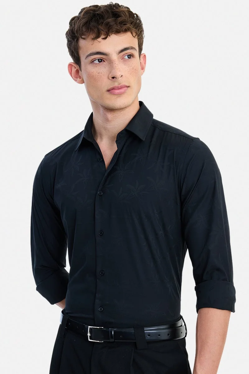 SNITCH Black Textured Long Sleeve Slim Fit Formal Luxe Shirt