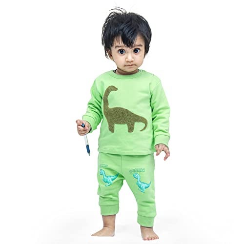 ARIEL Cotton Fleece Clothing Sets For Boys & Girls - Unisex Winter Clothing Sets Full Sleeve Printed T-Shirt & Pant, Green - Image 5