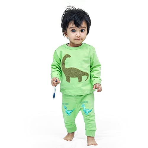 ARIEL Cotton Fleece Clothing Sets For Boys & Girls - Unisex Winter Clothing Sets Full Sleeve Printed T-Shirt & Pant, Green - Image 3