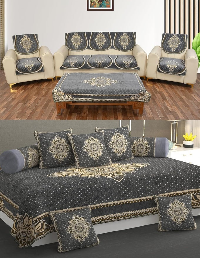 Heavy Chenille Velvet Sofa Cover with diwan Set and Table Cover Combo Set of 21 psGrey