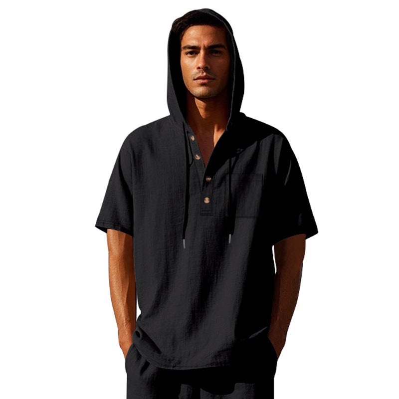 2025 Summer Linen Hooded Men''s Short Sleeve T-Shirt Cross-Border Casual Loose Pullover Henley Shirt - Image 1