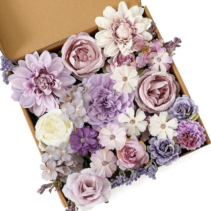 PURPLE ARTIFICIAL FLOWERS COMBO CAKE FLOWERS DECORATIONS FAKE PEONY SILK ROSES GIFT BOX FOR DIY WEDDING BRIDAL BOUQUET CENTERPIECES ARRANGEMENTS PARTY BABY SHOWER HOLIDAY DECOR PURPLE