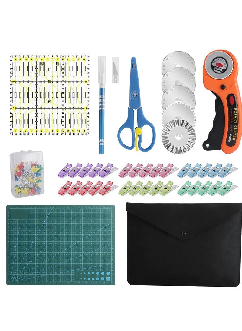 KASTWAVE 45mm Fabric Cutter Set, 96 PCS Rotary Cutter Kit,  5 Pcs Replacement Blades, Cutting Mat, Patchwork Ruler, Carving Knife,Scissors, Storage Bag, Sewing Clips,Sewing Full Tools for Quilting Supplies - Image 1