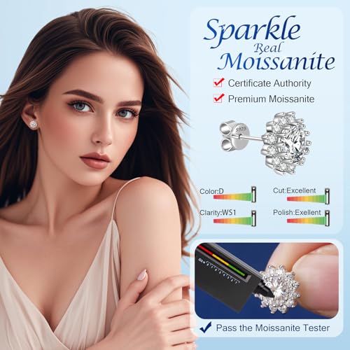 SecreTalk 1-4CT Moissanite Stud Earrings, Sunflower D Color Ideal Cut 925 Sterling Silver Earrings for Women with Certificate of Authenticity (White Gold Plated, 2cttw pair/ 1ct each) - Image 2