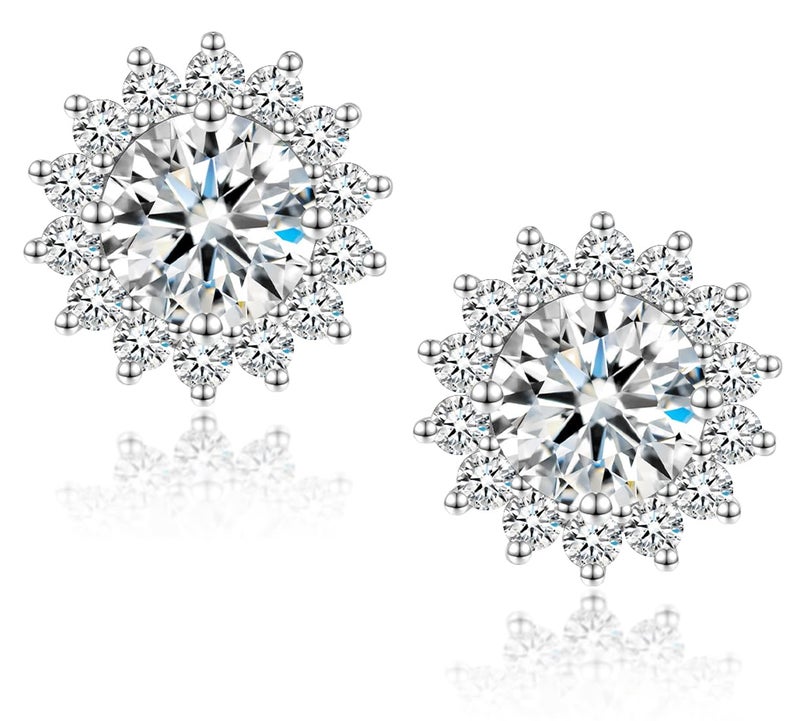 SecreTalk 1-4CT Moissanite Stud Earrings, Sunflower D Color Ideal Cut 925 Sterling Silver Earrings for Women with Certificate of Authenticity (White Gold Plated, 2cttw pair/ 1ct each) - Image 1