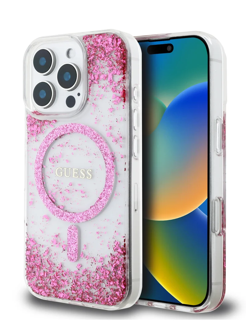 GUESS iPhone 16 Pro Magsafe case IML Hard Cover with Marble Design / Drop protection / Slim Profile / Comfortable Grip-Fuschia