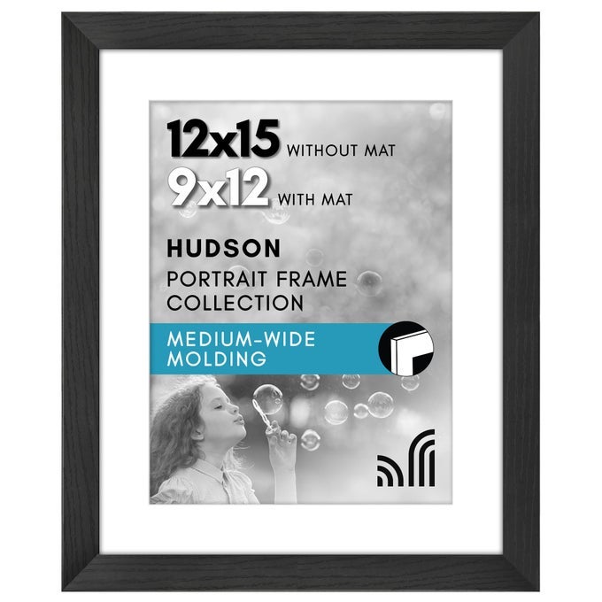 12X15 PICTURE FRAME WITH SHATTERRESISTANT GLASS USE AS 9X12 FRAME WITH MAT OR DISPLAY 12X15 PHOTO WITHOUT MAT HUDSON COLLECTION WIDE PICTURE FRAMES FOR WALL DISPLAY BLACK