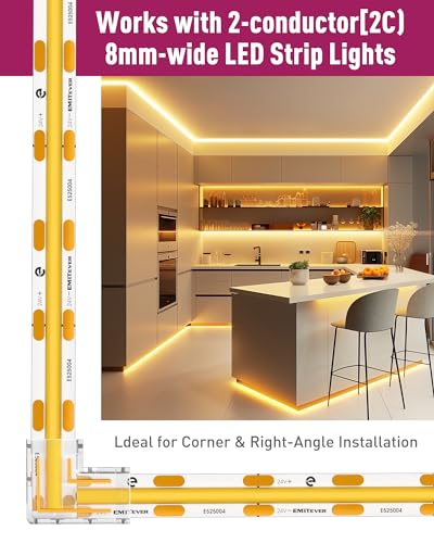 EMITEVER 8mm LED Strip Connectors 12pcs, Led Corner Connector L-Shaped Gapless Connection Solderless Transparent Tape Light Connectors for 2-Pin COB/SMD LED Strip Lights​ 5V 12V 24V 48V - Image 2