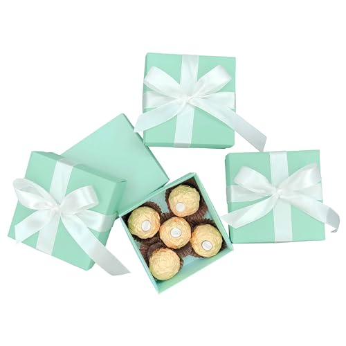 AWESON PARTY Small Square Turquoise Candy Box Blue Wedding Favors Teal Gift Boxes with Lids and Silk Ribbon for Wedding Baby Bridal Showers Birthday Party Supply, 12pc (Aqua Blue) - Image 3