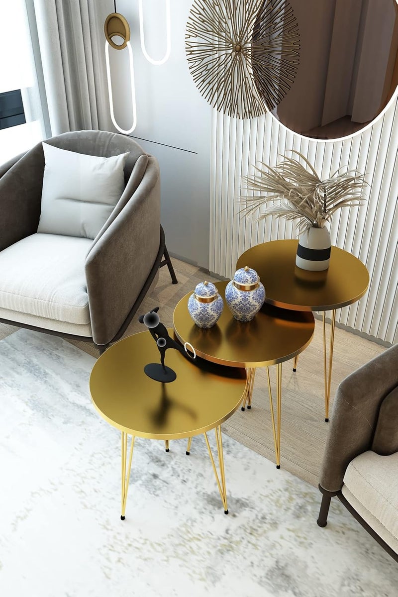 PAK HOME Set of 3 High Gloss Gold Nesting End Tables Round Wood Stacking Coffee Side Accent Table with Metal Legs for Living Room, Home Office, Nightstands for Bedroom - Image 1