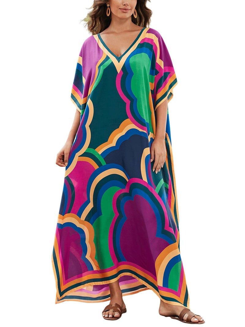 IMAGEKOPE Women's Plus Size Loose Fit Moroccan Print V-Neck Batwing Kaftan Beach Dress Bathing Suit Cover Up - Image 1
