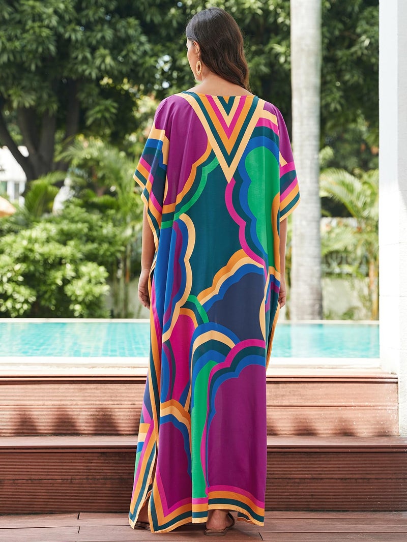 IMAGEKOPE Women's Plus Size Loose Fit Moroccan Print V-Neck Batwing Kaftan Beach Dress Bathing Suit Cover Up - Image 5