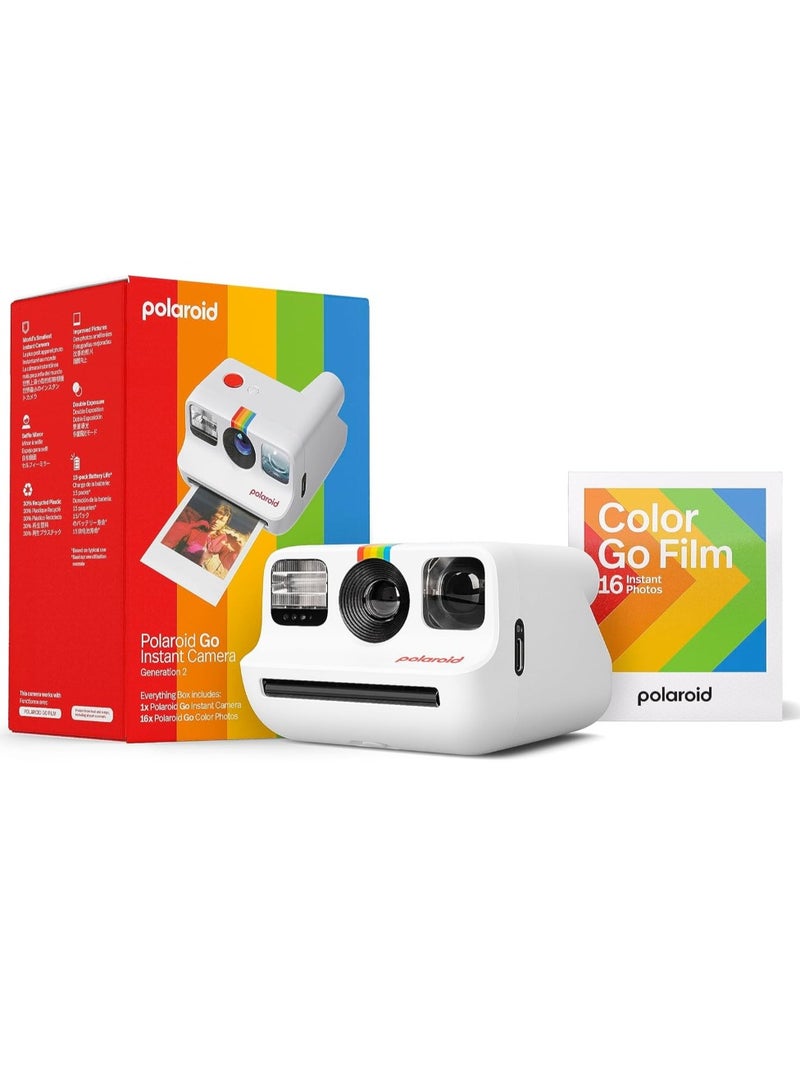 Polaroid Go Generation 2 Instant Camera Starter Set with Double Pack Color Film | World's Smallest Analog Mini Camera | Built-in Selfie Mirror, Self-Timer, Double Exposure Mode | USB-C Rechargeable - White - Image 1