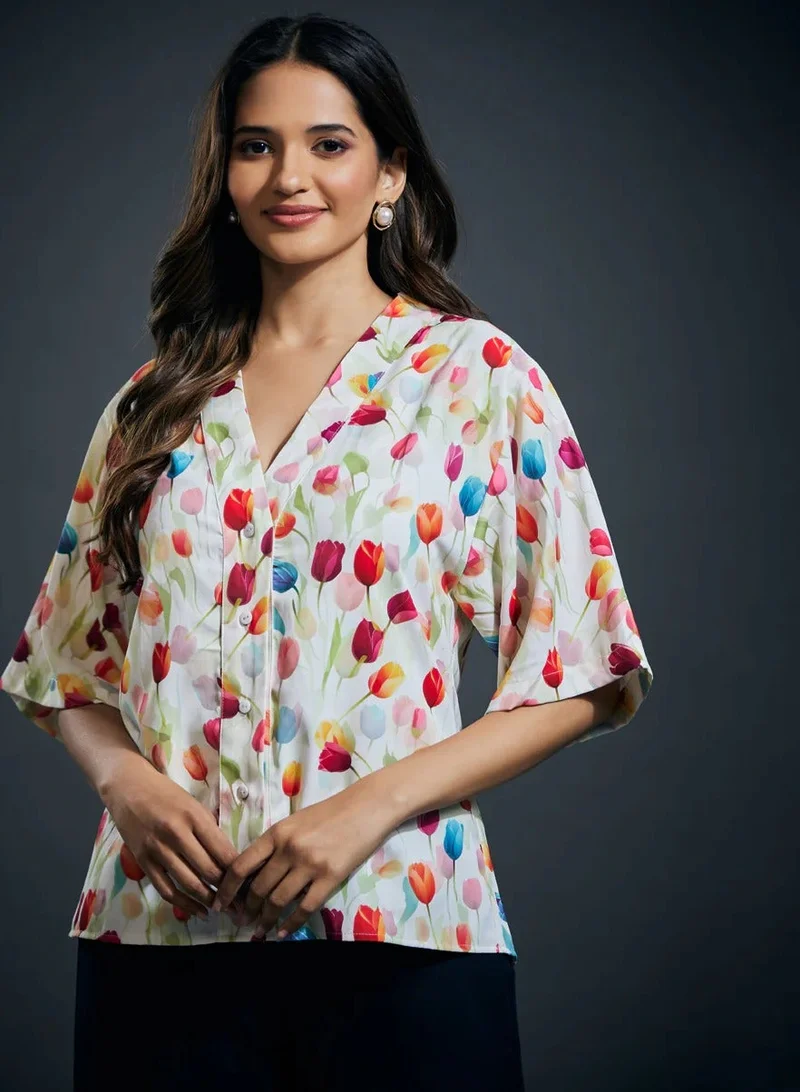 زجزاج قميص شيفون مطبوع بأكمام مريحة