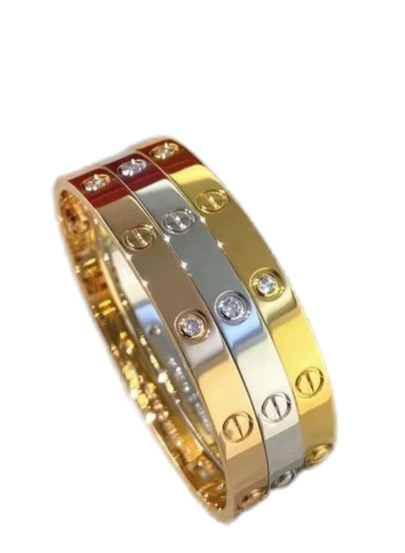 Julia Store Iconic Trendy Luxe Stainless Steel Love Bangle Bracelet for Women, Platinum , Rose Gold , Gold Plated Cubic Zirconia Stones Stainless Steel Hinged Jewelry Oval Bangle for Women Men Gifts  - Image 1