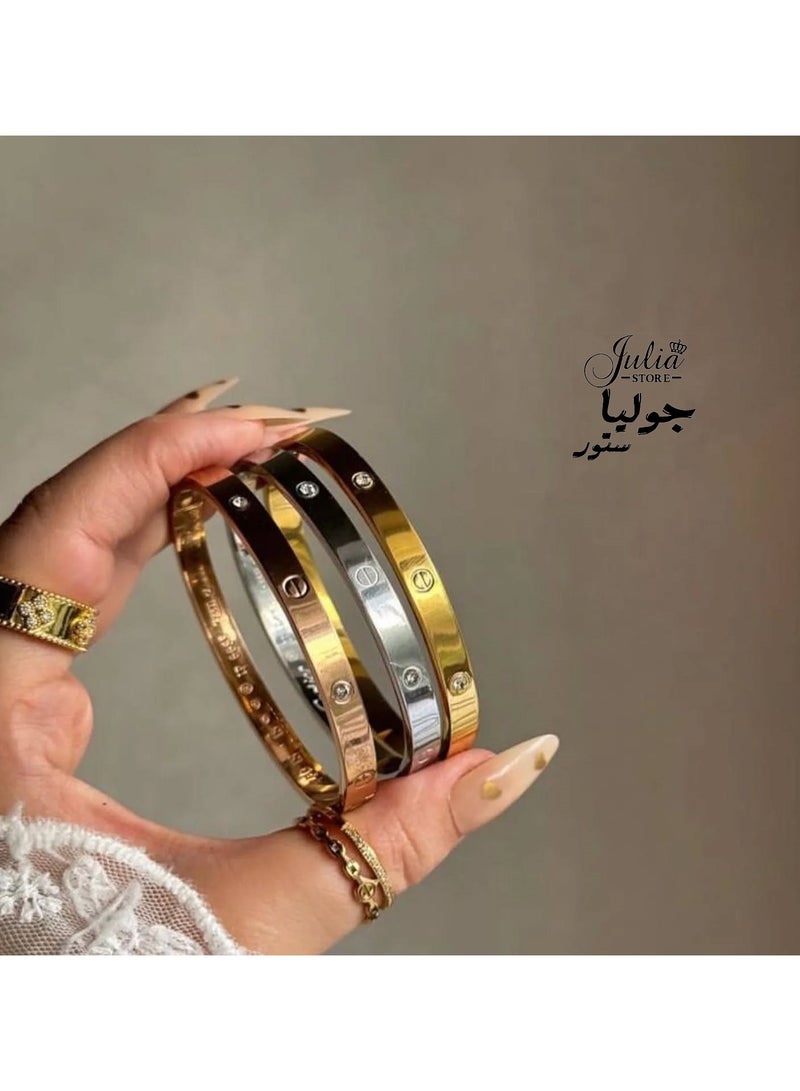 Julia Store Iconic Trendy Luxe Stainless Steel Love Bangle Bracelet for Women, Platinum , Rose Gold , Gold Plated Cubic Zirconia Stones Stainless Steel Hinged Jewelry Oval Bangle for Women Men Gifts  - Image 2