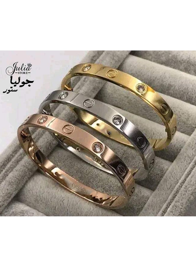 Julia Store Iconic Trendy Luxe Stainless Steel Love Bangle Bracelet for Women, Platinum , Rose Gold , Gold Plated Cubic Zirconia Stones Stainless Steel Hinged Jewelry Oval Bangle for Women Men Gifts  - Image 3