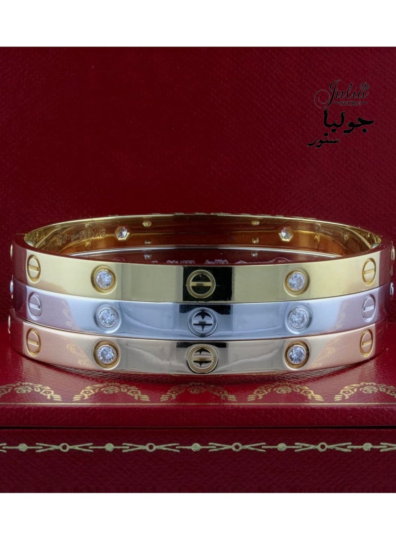 Julia Store Iconic Trendy Luxe Stainless Steel Love Bangle Bracelet for Women, Platinum , Rose Gold , Gold Plated Cubic Zirconia Stones Stainless Steel Hinged Jewelry Oval Bangle for Women Men Gifts  - Image 4