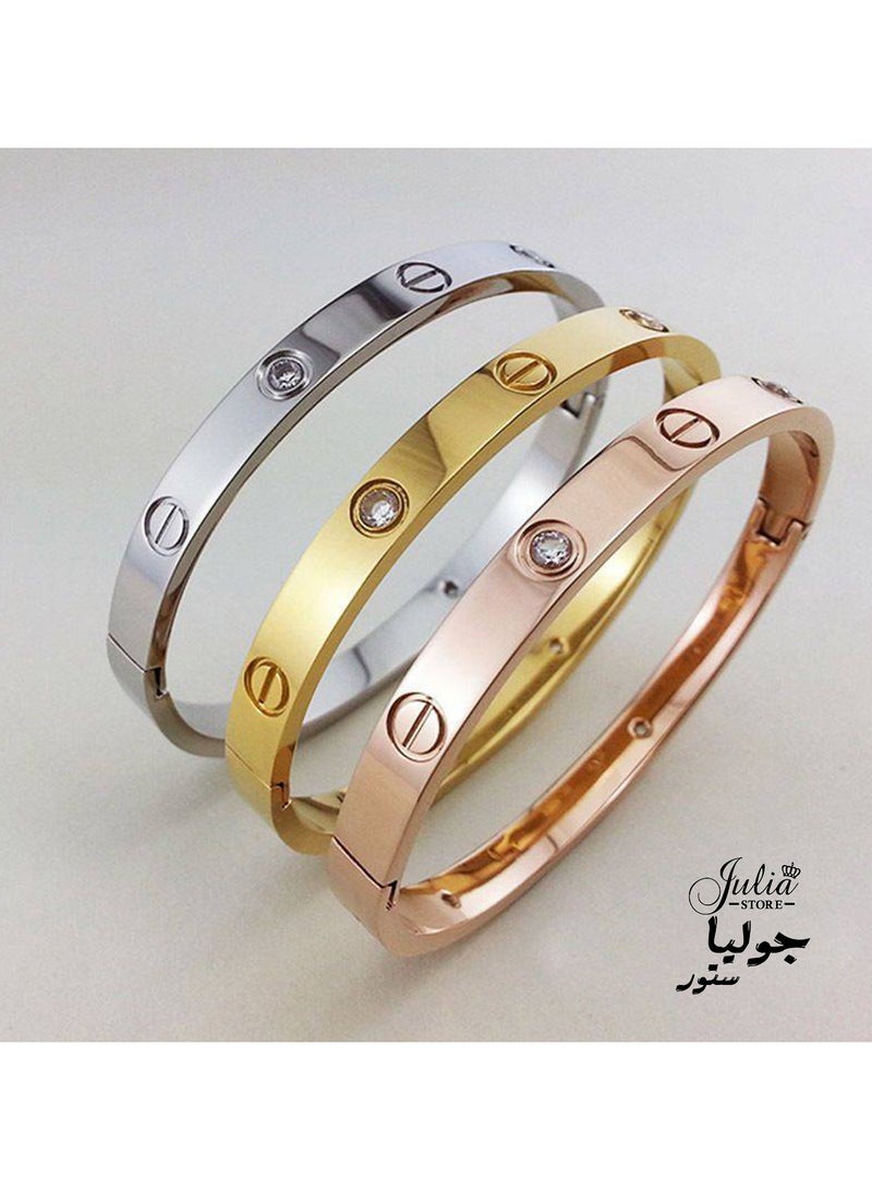 Julia Store Iconic Trendy Luxe Stainless Steel Love Bangle Bracelet for Women, Platinum , Rose Gold , Gold Plated Cubic Zirconia Stones Stainless Steel Hinged Jewelry Oval Bangle for Women Men Gifts  - Image 5