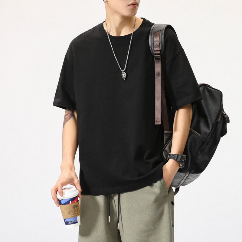 Summer solid color short sleeve men's T-shirt solid color base loose ins trendy simple all-match plus size fat half sleeve cotton T-shirt - Image 5